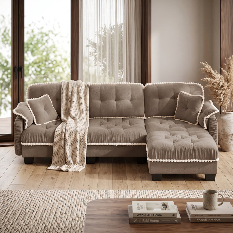 Canapé nuage 3 places en chenille marron avec pouf amovible, coussins capitonnés et finitions à pompons