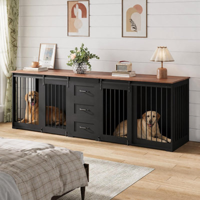 95" Farmhouse Dog Crate Furniture with Drawers, Wooden Dog Kennel TV Stand with Sliding Doors & Steel Bars for Large Dogs