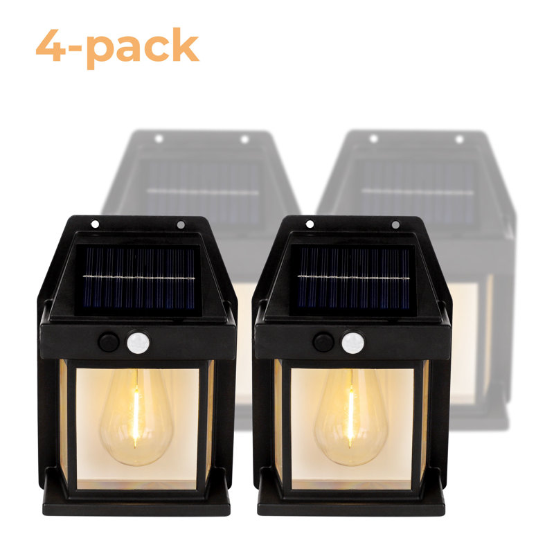 Matte Black Solar LED Outdoor Wall Lantern with Motion Sensor, 4-Pack