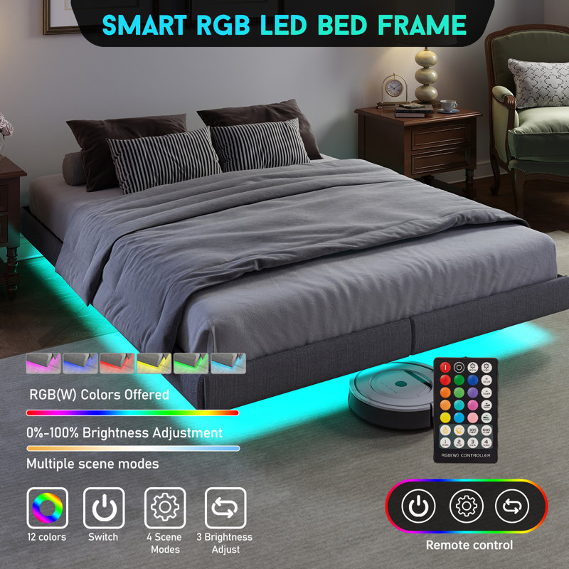 Floating Bed Frame with LED Lights, Metal Bed Frame, No Springs, Easy to Assemble, Queen