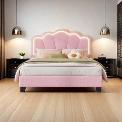 Full Size Upholstered Flower-Shape Bed, Elegant Flowers Headboard With LED Light Strip ,Sherpa Fabric Platform Bed With Wooden Slats Support -  Ivy Bronx, 2B81E164FE774DF89BF93CAFBA2B5868