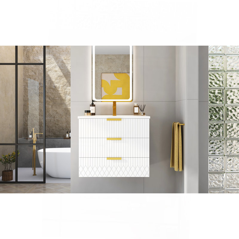 Armoire murale suspendue 24 po avec tiroir double, petit lavabo de salle de bain rectangulaire flottant avec trou de robinet simple et trop-plein, armoire de salle de bain moderne avec lavabo en céramique
