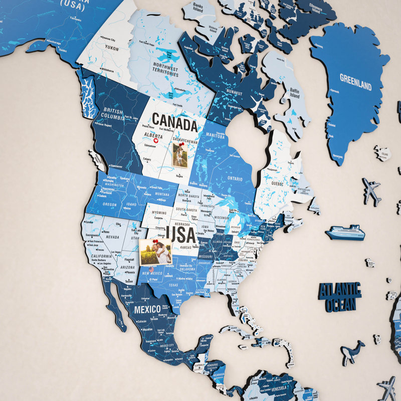 3D Wooden World Map – Multicolor UV Printed Wall Art, Modern Home & Office Decor, Navy, 59.1" H x 94.5" W x 0.4" D