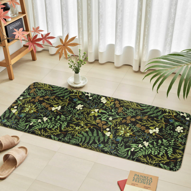 Black Green Botanical Kitchen Rugs Set Of 2 Plant Leaf Anti-Fatigue Kitchen Mat Natural Comfort Standing Waterproof PVC Mats 2/5" Thick Leather Carpet For Laundry Office Sink(17.3" X28" + 17.3" X 47")