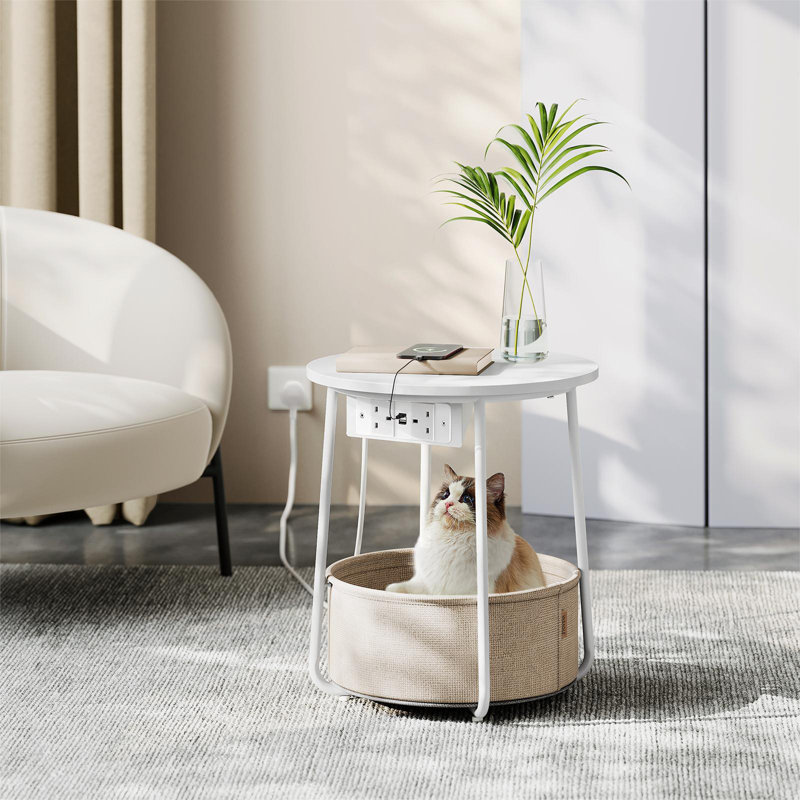 Nychelle Cross Legs End Table with Built-In Outlets, White