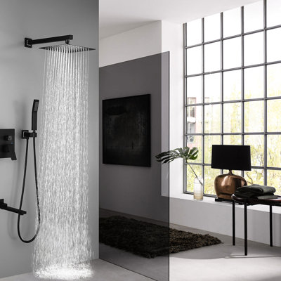 Matte Black 10 Inch Square Shower - Luxury Bathroom Rain Mixer With Easy Nozzle Wall Mounted System Self-Cleaning For Easy Clean