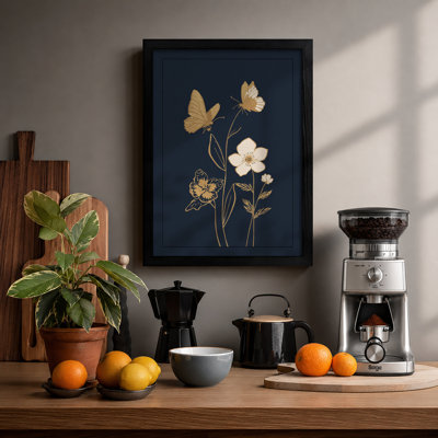 Gilded Butterflies Among Blooms Botanical - Framed Print