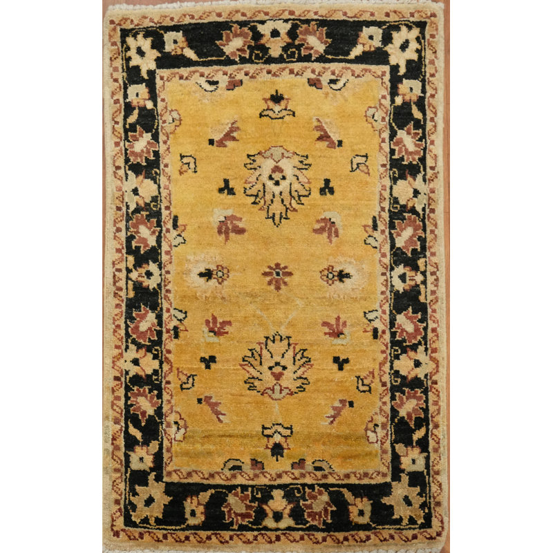 Tapis jaune magnifiquement conçu avec d'élégants motifs noirs 2 x 3