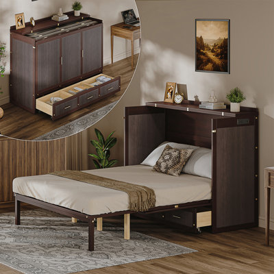 Multifunctional Murphy Bed Cabinet with USB Charging Station, Queen Size Vertical Foldaway Bed with Drawers, Space Saving Hidden Wall Bed with Safety Lock & Anti-Tip Device, Coffee.