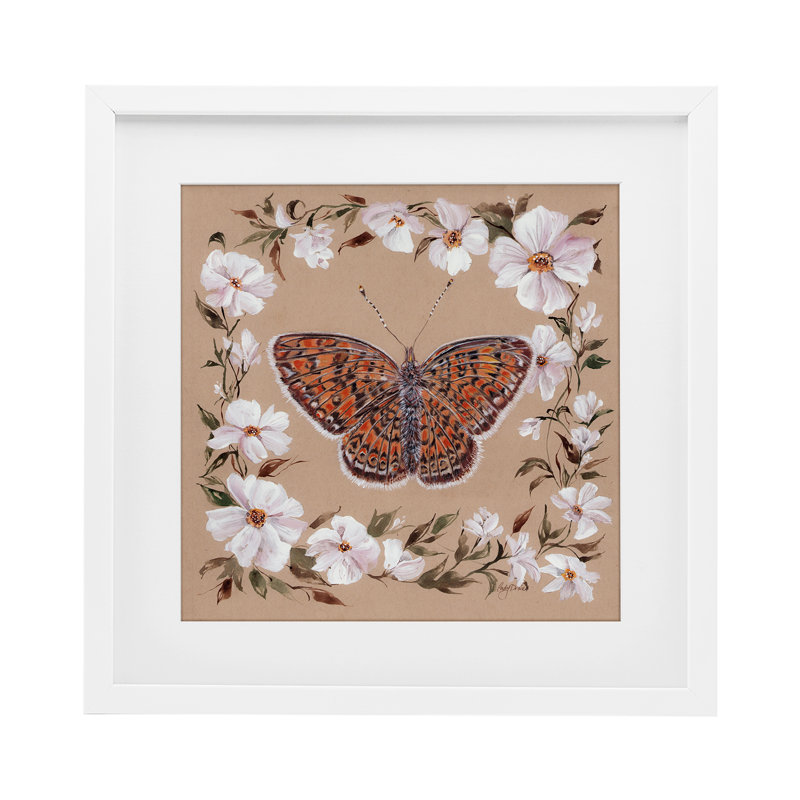 Papillon rétro avec bordure en fleurs, reproduction encadrée sous verre, conception de Cady, H 13 po x l 13 po