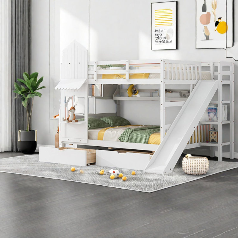 Lit superposé en bois de pin robuste avec rangement et glissade, style château pour chambre d'enfant