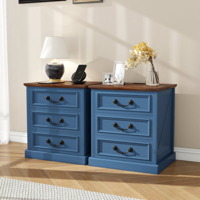End Table With Charging Station, Farmhouse Nightstand With 3 Drawers & USB Ports, Solid Wood Entryway Table With Smiling Handle(Set of 2)
