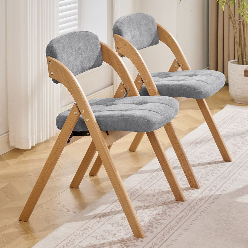 Ensemble de 2 chaises pliantes rembourrées en bois massif rembourrées pour l'intérieur et l'extérieur, Grey/Natural, 2