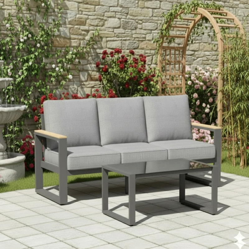 2-Piece 3-Seat Outdoor Sofa Couch Set, 75" All-Weather 3-Seat Aluminum Patio Sofa With Thick Gray Cushions  & 44" Glass Coffee Table