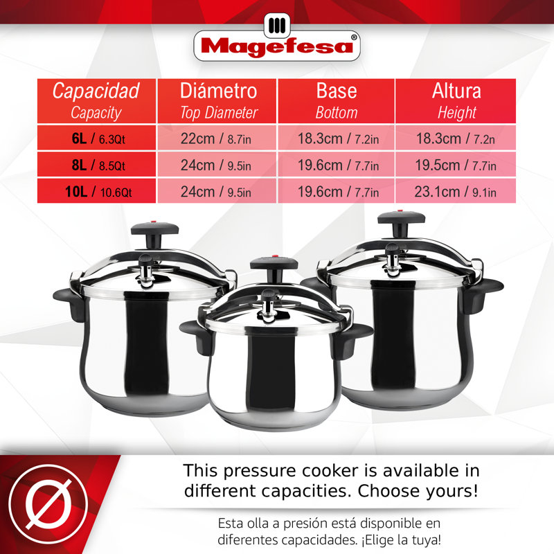Autocuiseur en acier inoxydable 8,5 pintes MAGEFESA Star Belly - Base à induction complète, acier inoxydable 18/10, système de sécurité triple, compatible avec toutes les surfaces de cuisson, 8 PSI