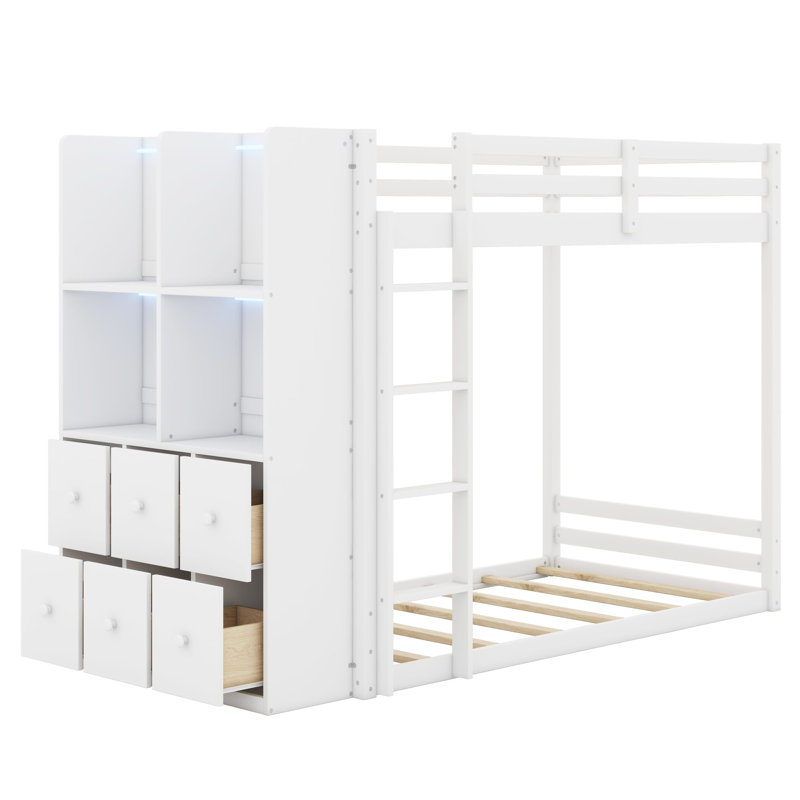 Lit superposé avec éclairage contrôlé par application, tiroirs de rangement et étagères pour chambres partagées, White