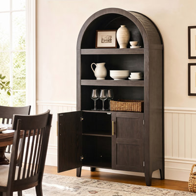 Armoire de rangement en bois massif avec plateau arqué, grande tablette de présentation et armoire à deux portes pour la salle à manger, le salon et le vestibule