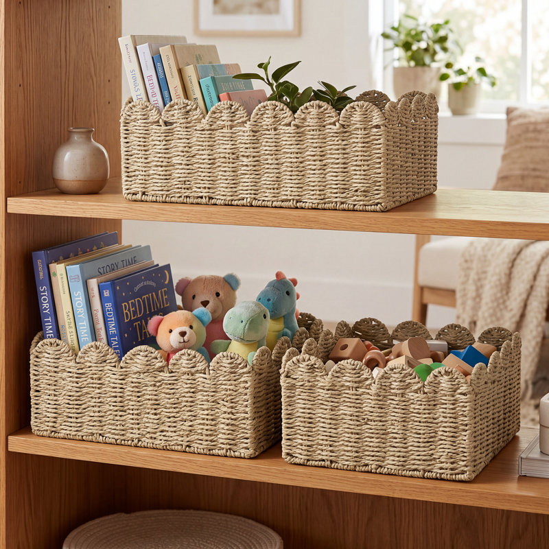 Paniers en osier, paniers de rangement tissés à la main avec poignées intégrées, paniers à tablettes en corde de papier pour l'organisation et la décoration