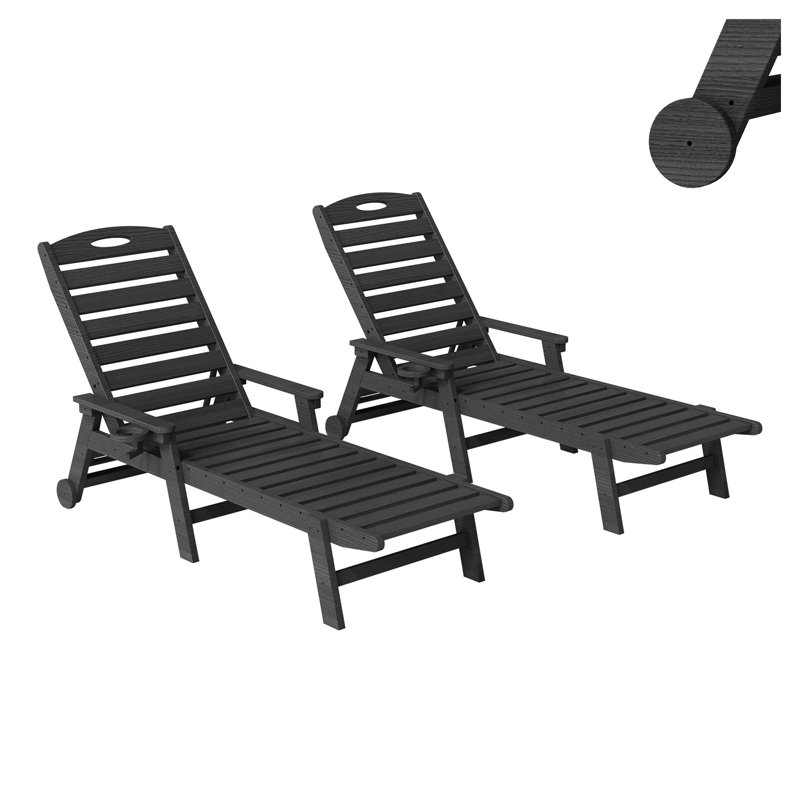Ensemble de 2 chaises longues réglables pour l'extérieur avec porte-gobelet - Chaises en PEHD pour bronzer et bronzer, Noir