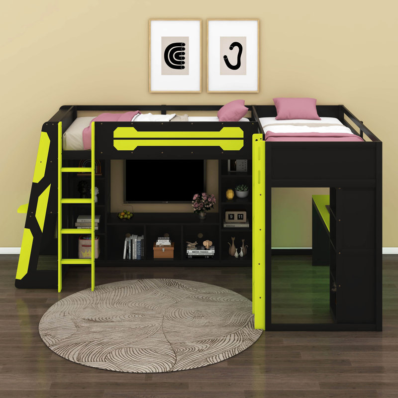 L-Shape Twin Size Gaming Loft Bed With RGB LED Lights And USB Ports, Solid Double Loft Bed With TV Stand & Storage Shelves
