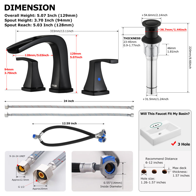 Doris Widespread 2-handle Bathroom Faucet with Drain Assembly, Matte Black