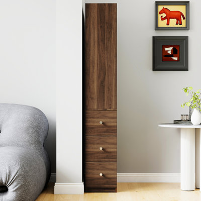 72.86" H 4 Shelved 3 Side Drawer Modern Storage Display For Living Room Decor, Walnut Finish, 20.2 In Depth Shelf Cabinet Dining Decorating, Color,