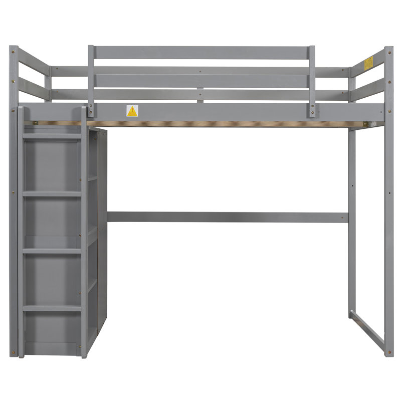 Lit mezzanine en bois avec garde-robe intégré et tablettes de rangement, Gris
