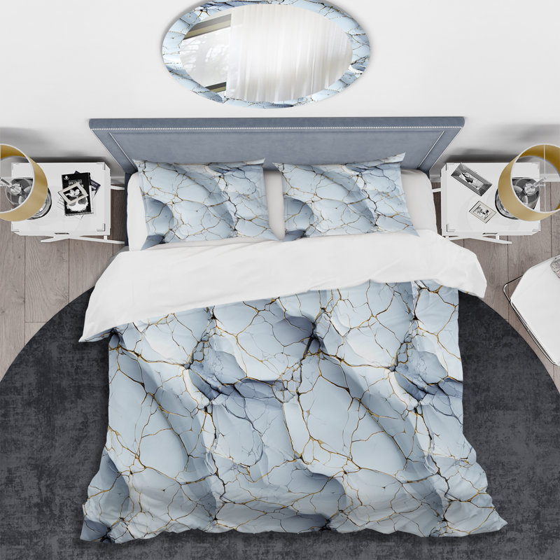 Literie en marbre blanc et gris I, Housse de couette pour grand lit et 2 taies décor