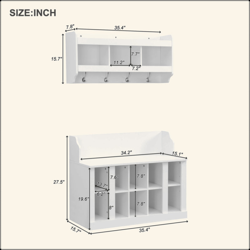 Shoe Storage Bench With Shelves And 4 Hooks, Elegant Hall Tree With Wall Mounted Coat Rack, Entryway Organizer For Hallway, Foyer, Mudroom