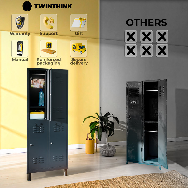  4-Door 180 cm Metal Locker Cabinet, Lockable Storage Locker Metal Cabinet for Office, Gym, Garage & School, White, Black
