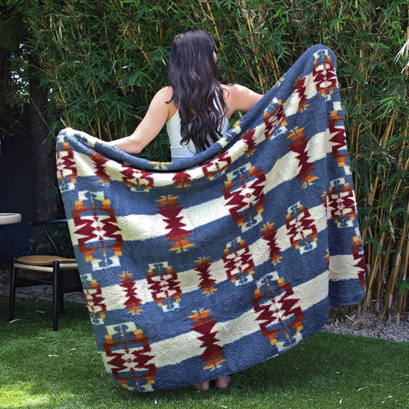 Southwestern Blue and Beige Sherpa Fleece Reversible Throw Blanket
