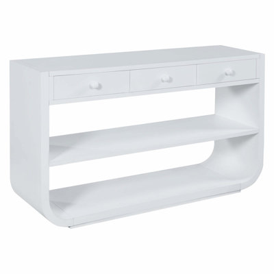 Modern Curved Console Table with 3 Soft-Close Drawers & 2 Open Shelves, Solid Wood Base, Entryway Table
