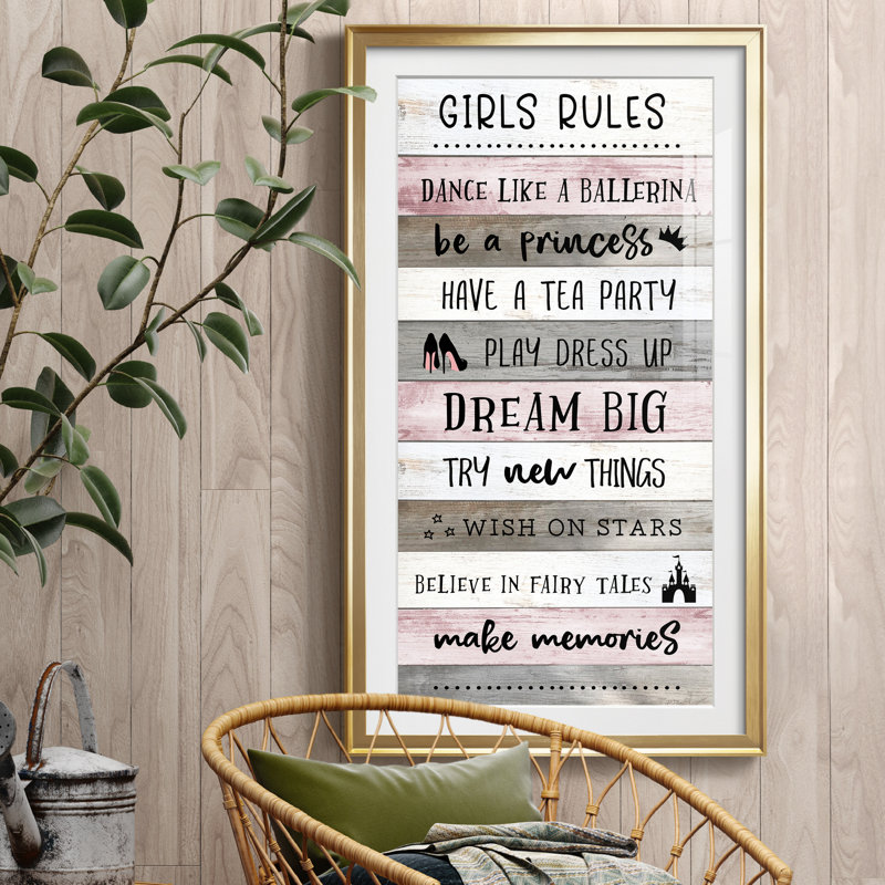 " Girls Rules ", Gold Framed Paper, 24" H x 12" W x 1" D
