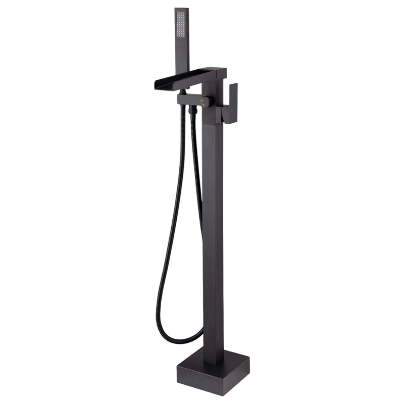 Black Waterfall Tub Filler Freestanding Bathtub Faucet Floor Mount Brass Single Handle Bathroom Tub Faucet With Hand Shower