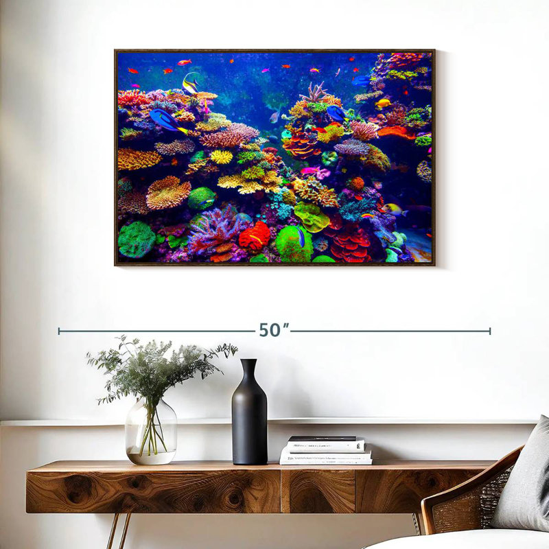 Paysage vibrant sous l'eau, 37 po x 25 po, Cadre flottant noyer