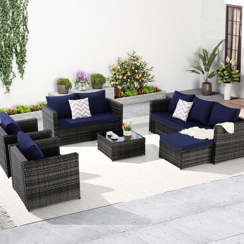 6 pièces de patio - avec coussins répulsifs, coussins et table en verre pour une utilisation extérieure tout temps