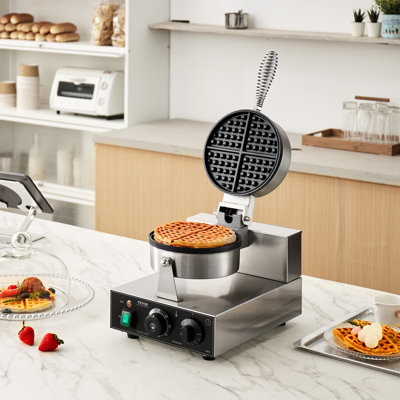 Gaufrier professionnel, 1230 W, gaufrier rond en acier inoxydable antiadhésif, gaufrier belge avec contrôle de la température et du temps, poignée, conçu pour les restaurants, boulangeries, casse-croûte et familles.