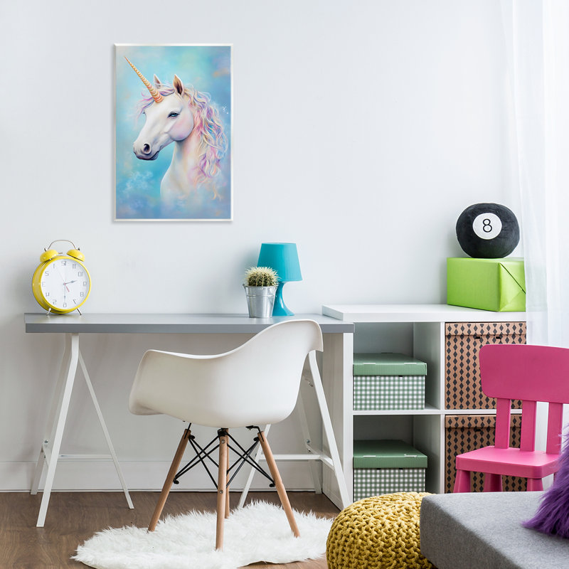 Licorne blanche sur plaque murale bleue, design by Creative Studio, H 15 po x l 10 po
