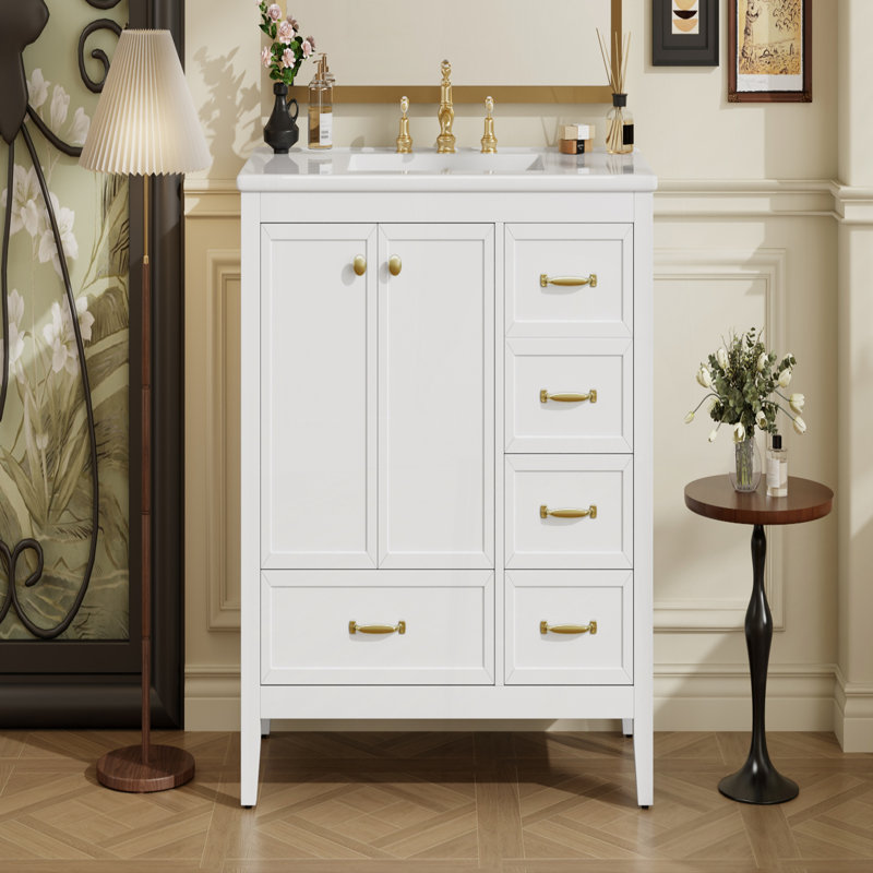 36" Bathroom Vanity with Sink, Bathroom Cabinet with Soft-Closing Door, 4 Drawers of Different Sizes, Solid Wood Frame and Leg, One Package