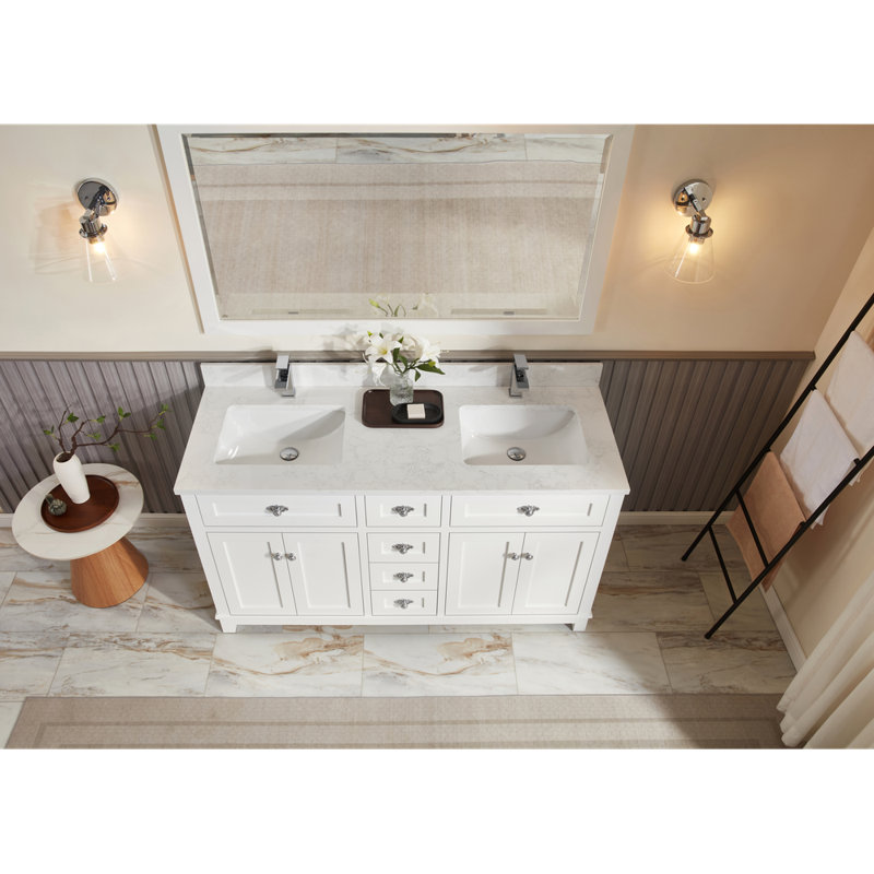 60" Finish Solid Wood Sink Vanity With 1' Artificial Stone Top, Polished Chrome, White