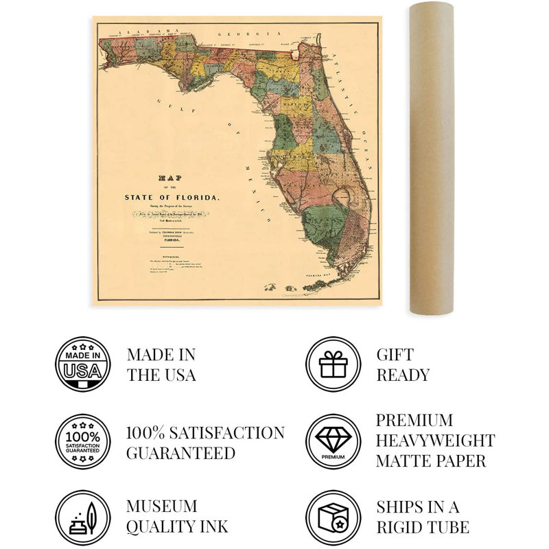 «1856 Florida State Wall Map - non encadrée, impression sur papier», H 24 po x l 24 po x P 0,1 po