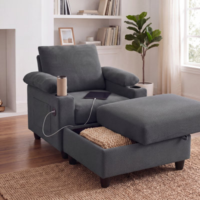 Ensemble de fauteuil d'appoint avec repose-pieds avec rangement, méridienne convertible simple avec dossier inclinable manuellement, deux porte-gobelets, ports de chargement USB-C, poche de rangement latérale pour le salon