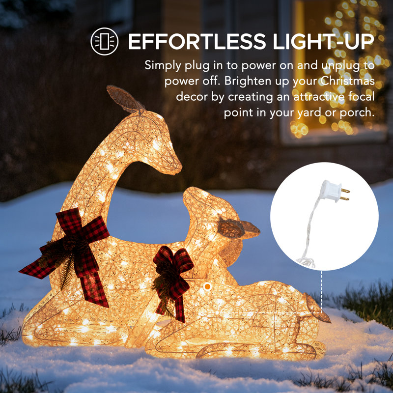 Sunjoy 2-Piece Lighted Lying Deer with Red Bows