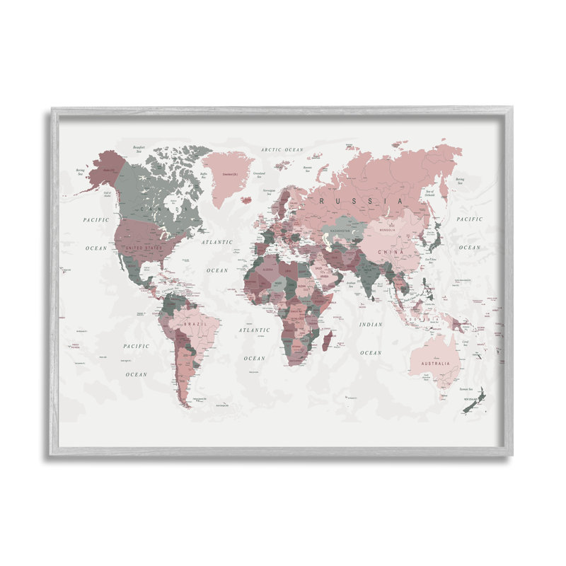 Carte du monde des eaux à motifs monochromes des régions roses - impression, H 24 po x l 30 po, Estampe numérique Farmhouse