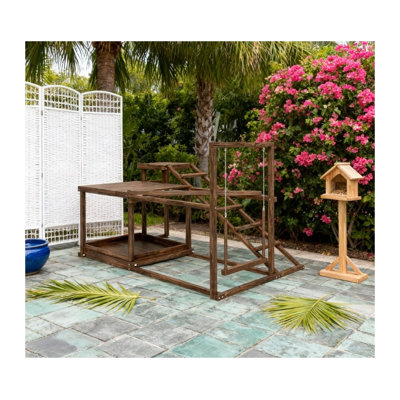 Wooden Multi-Level Chicken Activity Play Set with Roosting Ladders and Swing, Coffee Finish