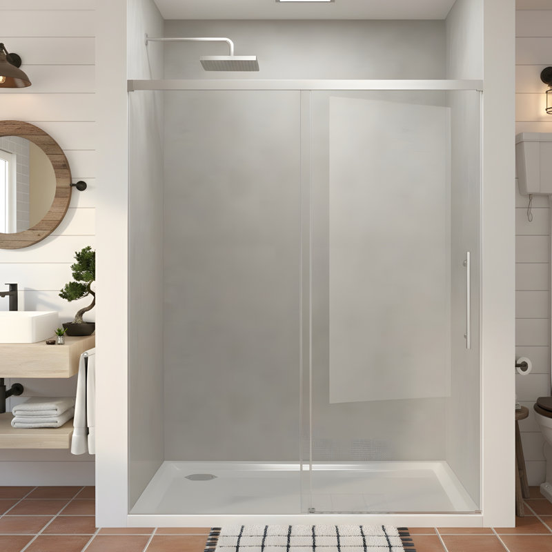 48" Width x 72"Height Single Sliding Shower Door,5mm fixed glass and 6mm sliding glass Frameless , Clear Tempered Glass, Stainless Steel handle,Chrome
