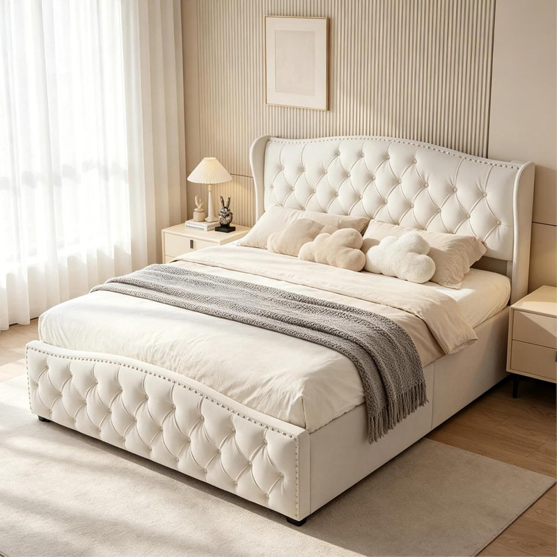 Upholstered Storage Bed Frame, Double (4'6), Beige