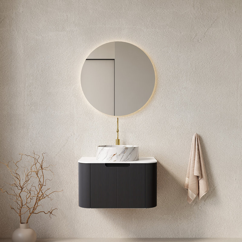 Bathroom Vanity With Sink, Wall-Mounted Floating Curved Edges Striped Bathroom Storage Cabinet With Drawer, White/Black
