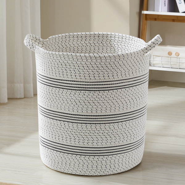 Gracie Oaks XLarge Round Cotton Rope Storage Basket Bin Organizer Laundry Hamper with Leather Handles, 21 x 21 x 14, Extra Large Blanket Woven Toy Basket for Baby