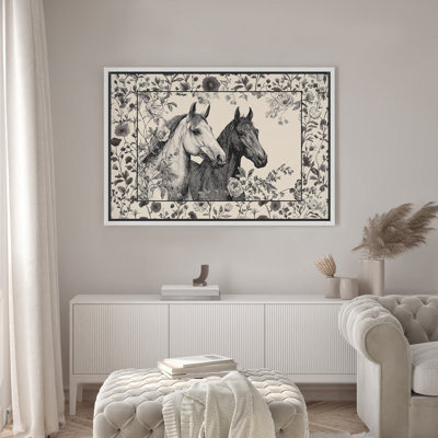 Chevaux noirs et blancs à motif floral encadré pour le salon